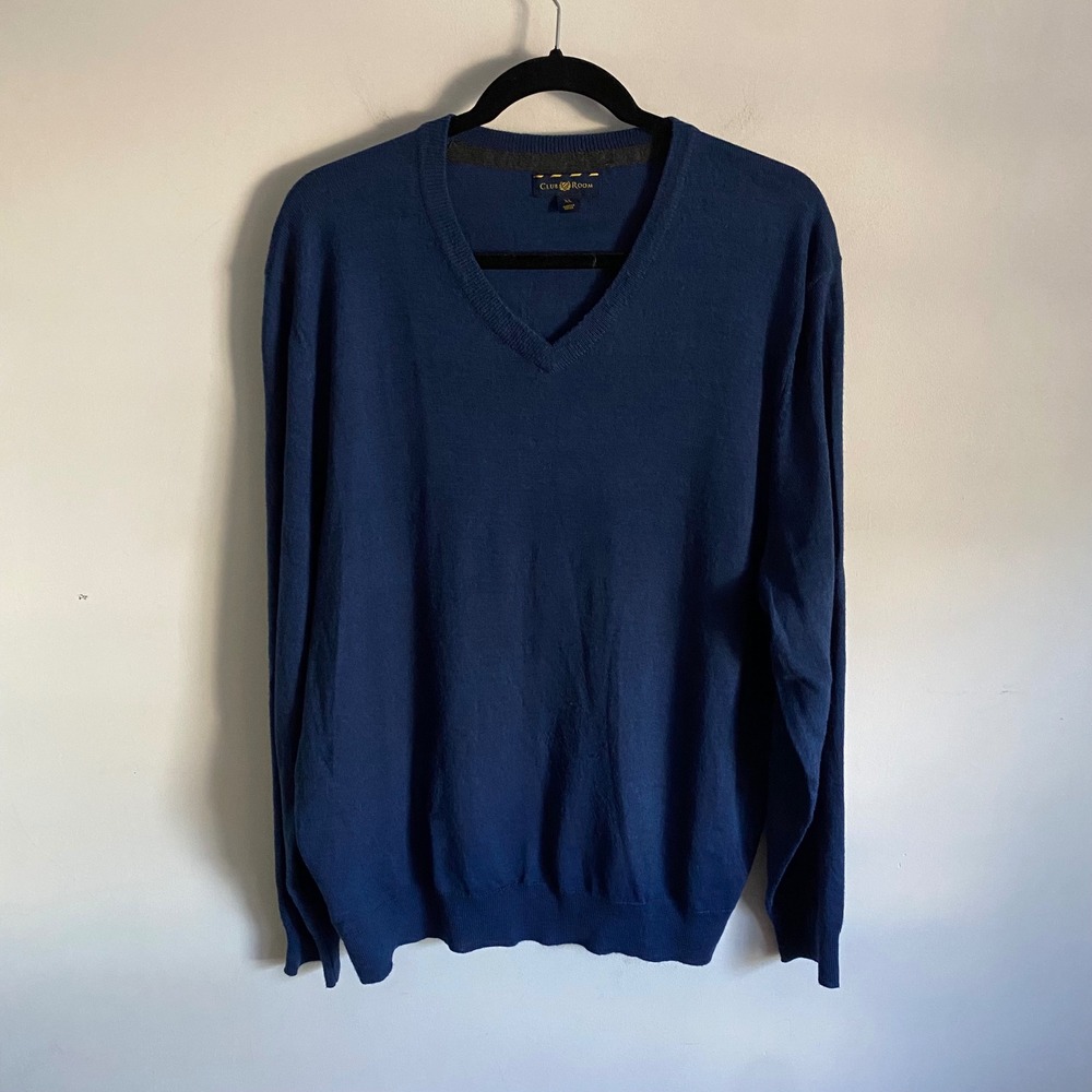 Club Room Mens Navy Blue V Neck Merino Wool‎ Blend Sweater XL